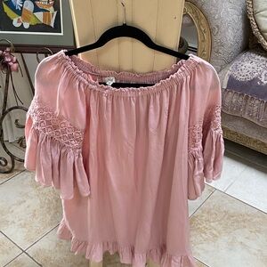 Pink Smocked Flutter Sleeve Blouse